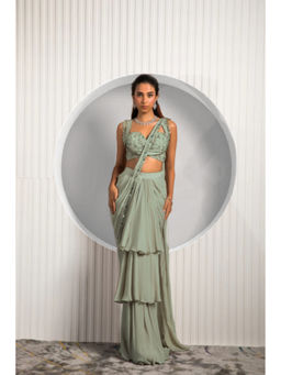 "Two Sisters" by Gyans - Green Georgette Embroidered Pre-draped Saree with Stitched Blouse