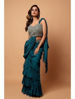 "Two Sisters" by Gyans - Teal Blue Saree with Stitched Blouse