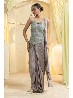 "Two Sisters" by Gyans - Smoky Mauve Hand-Embroidered Drape Saree with Stitched Blouse