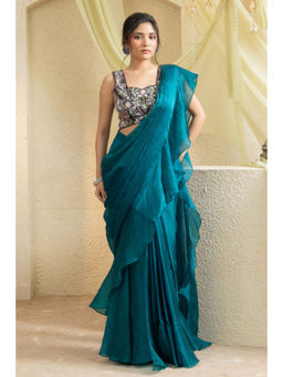 "Two Sisters" by Gyans - Serene Aqua Hand-Embroidered Saree with Stitched Blouse