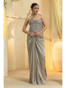 "Two Sisters" by Gyans - Golden Champagne Embroidered Drape Saree with Stitched Blouse