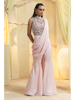 "Two Sisters" by Gyans - Pink Georgette Embroidered Pre-draped Saree with Stitched Blouse
