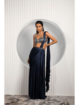 "Two Sisters" by Gyans - Navy Blue Satin Embellished Pre-draped Saree with Stitched Blouse