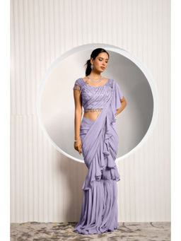 "Two Sisters" by Gyans - Purple Georgette Embellished Pre-draped Saree with Stitched Blouse