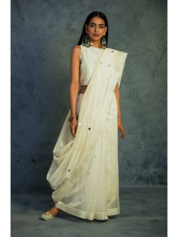 Charkhee - Chanderi Embroidered Mirror Work Off White Saree with Stitched Blouse