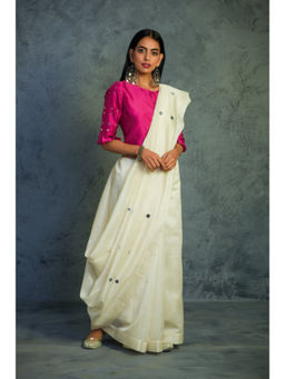 Charkhee - Chanderi Embroidered Mirror Work Off White Saree with Stitched Blouse