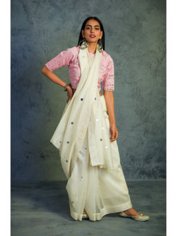 Charkhee - Chanderi Embroidered Mirror Work Off White Saree with Stitched Blouse