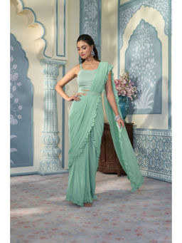 "Two Sisters" by Gyans - Pale Green Georgette Draped Saree with Stitched Blouse with Belt