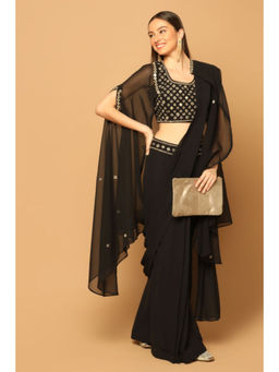 "Two Sisters" by Gyans - Black Draped Saree with Stitched Blouse with Cape