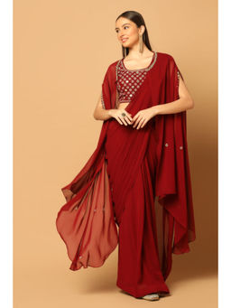 "Two Sisters" by Gyans - Maroon Draped Saree with Stitched Blouse with a Cape