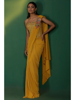 "Two Sisters" by Gyans - Mustard Yellow Pre-Draped Saree with Stitched Blouse