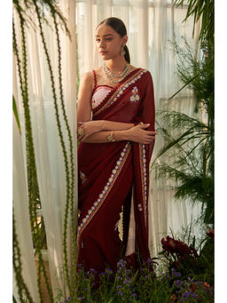 "Two Sisters" by Gyans - Maroon Floral Applique Georgette Saree with Stitched Blouse