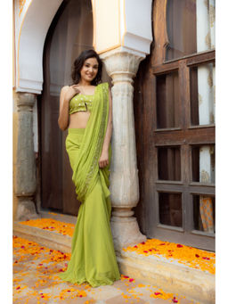 DEASHA INDIA - Dilshad Sheen Green Embroidered Saree with Stitched Blouse