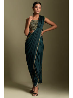 "Two Sisters" by Gyans - Teal Blue Embroidered Dhoti Saree Set
