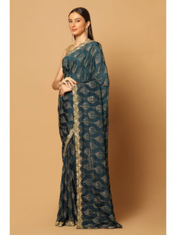 "Two Sisters" by Gyans - Teal Gold Jaal Embroidered Saree with Unstitched Blouse