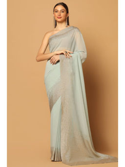"Two Sisters" by Gyans - Blue Georgette Embellished Pre-draped Saree with Unstitched Blouse