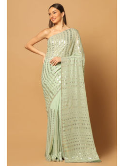 "Two Sisters" by Gyans - Green Georgette Embroidered Pre-draped Saree with Unstitched Blouse