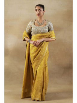"Two Sisters" by Gyans - Yellow Tissue Embellished Pre-draped Saree with Stitched Blouse