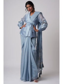 "Two Sisters" by Gyans - Bella Pacific Blue Resort Saree with Stitched Blouse