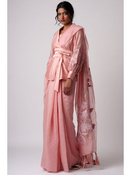 "Two Sisters" by Gyans - Pink Chanderi Embellished Pre-draped Saree with Stitched Blouse