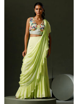 "Two Sisters" by Gyans - Green Georgette Embroidered Pre-draped Saree with Stitched Blouse