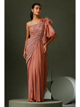 "Two Sisters" by Gyans - Dusky Pink Organza Drape Saree with Stitched Blouse
