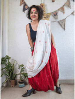 PRATHAA - Red Khesh Bindi Dhoti Saree with Unstitched Blouse