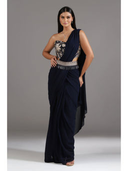 "Two Sisters" by Gyans - Midnight Blue Georgette Pre-Draped Saree with Stitched Blouse
