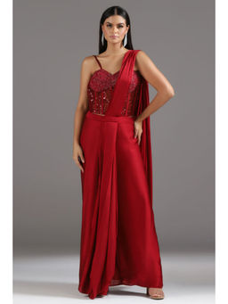 "Two Sisters" by Gyans - The Eternal Red Sequinned Pre Draped Saree with Stitched Blouse
