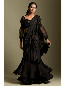 "Two Sisters" by Gyans - Black Embellished Pre-draped Saree with Stitched Blouse