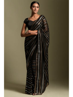 "Two Sisters" by Gyans - Black Georgette Stripes Cap Pre-draped Saree with Stitched Blouse