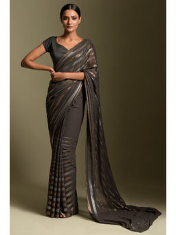 "Two Sisters" by Gyans - Grey Georgette Stripes Cap Pre-draped Saree with Stitched Blouse