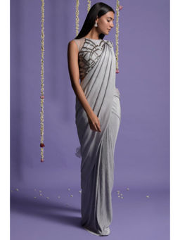 "Two Sisters" by Gyans - Grey and Silver Lycra Draped Saree with Stitched Blouse
