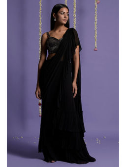 "Two Sisters" by Gyans - Black Georgette Solid/Plain Pre-draped Saree with Stitched Blouse
