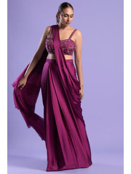 "Two Sisters" by Gyans - Purple Satin Embroidered Pre-draped Saree with Stitched Blouse