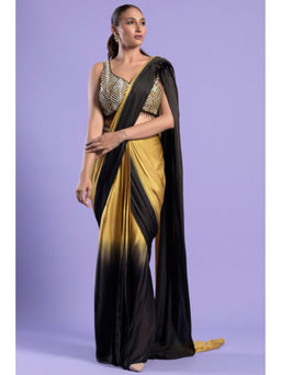 "Two Sisters" by Gyans - Yellow Ombre Sleeveless Pre-draped Saree with Stitched Blouse