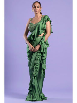 "Two Sisters" by Gyans - Green Satin Solid/Plain Pre-draped Saree with Stitched Blouse