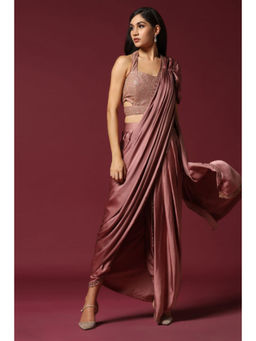 "Two Sisters" by Gyans - Pink Satin Solid/Plain Pre-draped Saree with Stitched Blouse