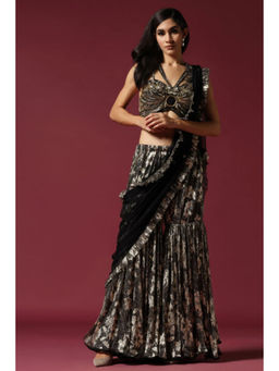 "Two Sisters" by Gyans - Black and Gold Drape Saree with Stitched Blouse