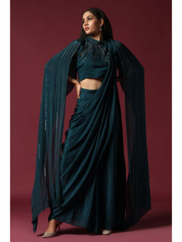 "Two Sisters" by Gyans - Teal Green Pre-Draped Saree with A Shoulder Cape