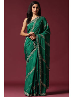 "Two Sisters" by Gyans - Green Embroidered and Embellished Saree with Unstitched Blouse