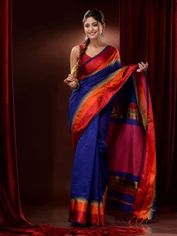 CHARUKRITI - Royal Blue Cotton Silk Handwoven Contrast Borders and Pallu Saree with Unstitched Blouse