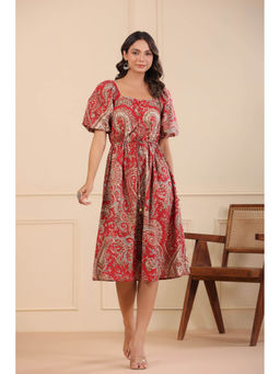 Rain & Rainbow - Women Red Ethnic Printed Puff Sleeves Pure Cotton Dress