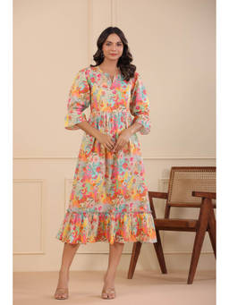 Rain & Rainbow - Women Multi Digital Printed Pure Cotton A-Line Midi Dress