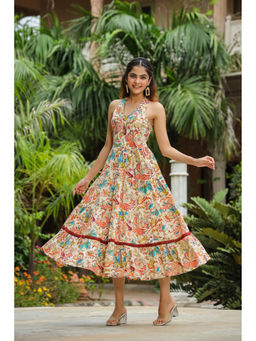 Rain & Rainbow - Women Floral Printed Tiered Cotton Fit & Flare Midi Ethnic Dress