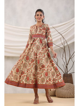 Rain & Rainbow - Women Beige Floral Printed Pure Cotton A-Line Midi Dress