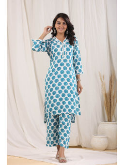 Rain & Rainbow - Women Blue Printed Pure Cotton Straight Kurta With Pant (Set of 2)