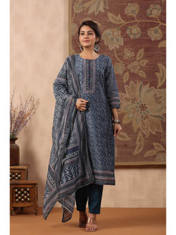 Rain & Rainbow - Women Blue Ethnic Motifs Thread Work Kurta With Pant And Dupatta (Set of 3)