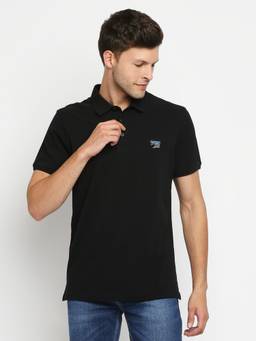 Spykar - Men Black Cotton Slim Fit Plain Polo Collar T-Shirt