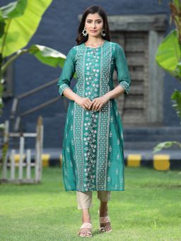 Juniper - Rama Green Ethnic Motif Printed Modal Chanderi Kurta with Buttons.
